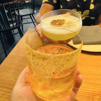Kin Khao - Two beautiful and delicate drinks (their version of a pina colada and green chili drink). - Thai Near Me - San Francisco, California