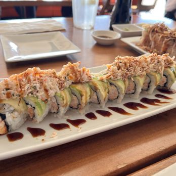Sushi On Fire - Ken's Special Roll - baked langostino and spicy mayo inside, topped with avocado and shrimp salad - Sushi Bars Near Me - Long Beach, California Sushi On Fire - Ken's Special Roll - baked langostino and spicy mayo inside, topped with avocado and shrimp salad - Sushi Bars Near Me - Long Beach, California