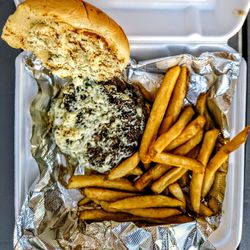 McCloskey's Tavern - Black and Bleu burger with Fries. $18