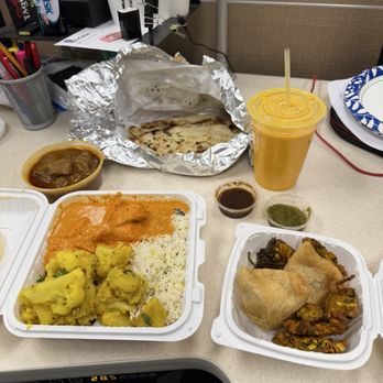 Namaste India Cafe - Yellow-aloo Gobi (cauliflower n potato), orange-chicken (breast) tiki masala, brown-goat curry, Jira rice, garlic naan, mango lassy, samosa - Indian Near Me - Redlands, California Namaste India Cafe - Yellow-aloo Gobi (cauliflower n potato), orange-chicken (breast) tiki masala, brown-goat curry, Jira rice, garlic naan, mango lassy, samosa - Indian Near Me - Redlands, California