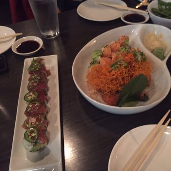 Sushi Bay 17 - 17 Roll, double salmon, and Firecracker Roll (under all that sweet potato tempura!) - Sushi Bars Near Me - Denver, Colorado