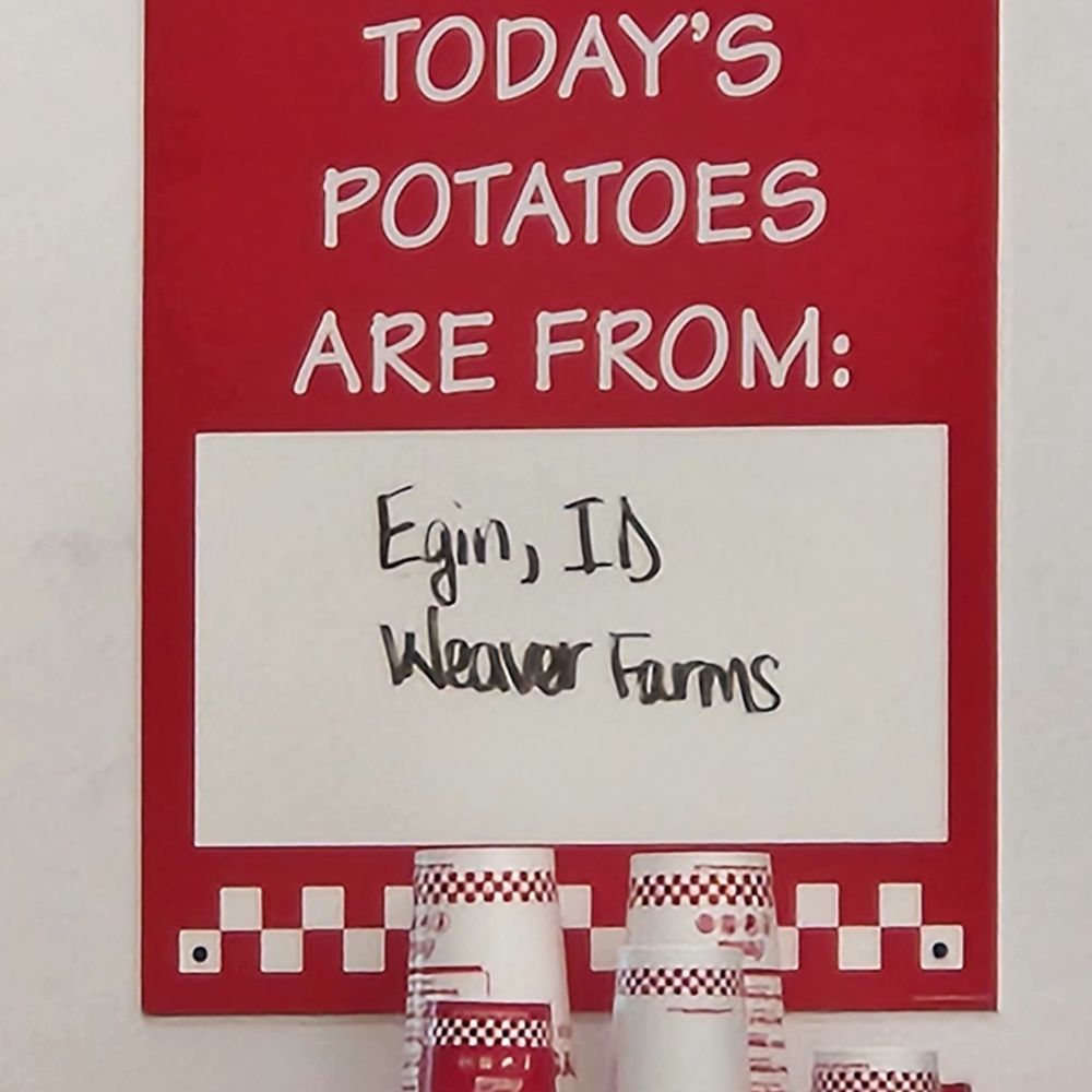 Five Guys - Sign indicating farm that grew the potatoes - Hot Dogs Near Me - Pooler, Georgia Five Guys - Sign indicating farm that grew the potatoes - Hot Dogs Near Me - Pooler, Georgia