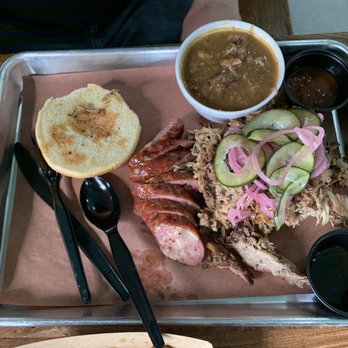 LaVaca BBQ - Pulled pork sandwich and house made sausage with pickled onions and cucumbers and a side of bbq gumbo! - Barbeque Near Me - Port Lavaca, Texas