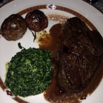 Jericho Terrace - Filet mignon whichwas cooked perfect medium rare, potatoes and spinach. - Caterers Near Me - Mineola, New York Jericho Terrace - Filet mignon whichwas cooked perfect medium rare, potatoes and spinach. - Caterers Near Me - Mineola, New York