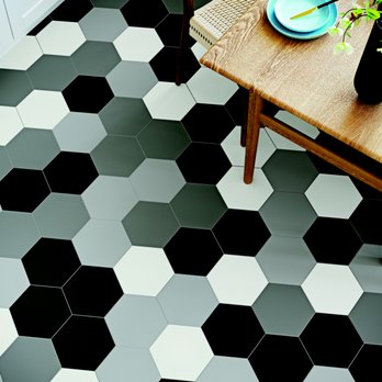 Emser Tile - Heksa™ glazed porcelain tile in Black, White, Silver, and Gray - Flooring Near Me - Modesto, California