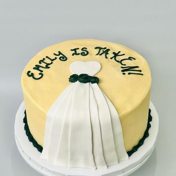 Marin Cake Studio - Elegant bridal shower cake with a chic dress design and an 'Emily is Taken' message for a special touch. - Bakeries Near Me - San Rafael, California