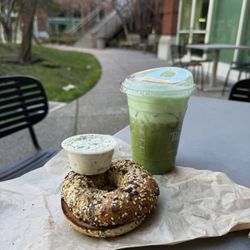 Polaris Cafe - Bagel with jalapeño cream cheese and matcha with pandan coconut cream top