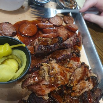 Gettin Basted - This is the 1 lb, 4 meat sandwich.  We asked for no bread and it was a great platter to share. - Barbeque Near Me - Nixa, Missouri