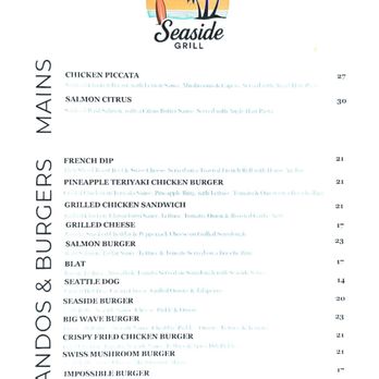 Seaside Grill - Menu - Mains, sandwiches, & Burgers 8.13.26 - Burgers Near Me - Seattle, Washington Seaside Grill - Menu - Mains, sandwiches, & Burgers 8.13.26 - Burgers Near Me - Seattle, Washington