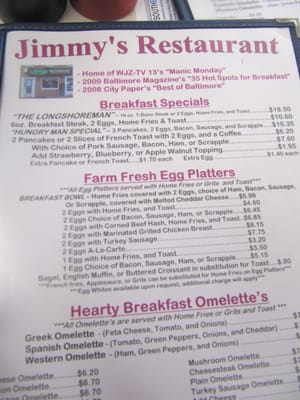 Photo of Jimmy's Restaurant - Baltimore, MD, US. Breakfast menu