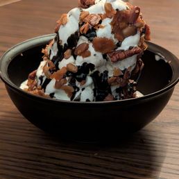 milk soft cream, black sesame caramel, nut brittle misugaru milk soft cream, black sesame caramel, nut brittle misugaru
