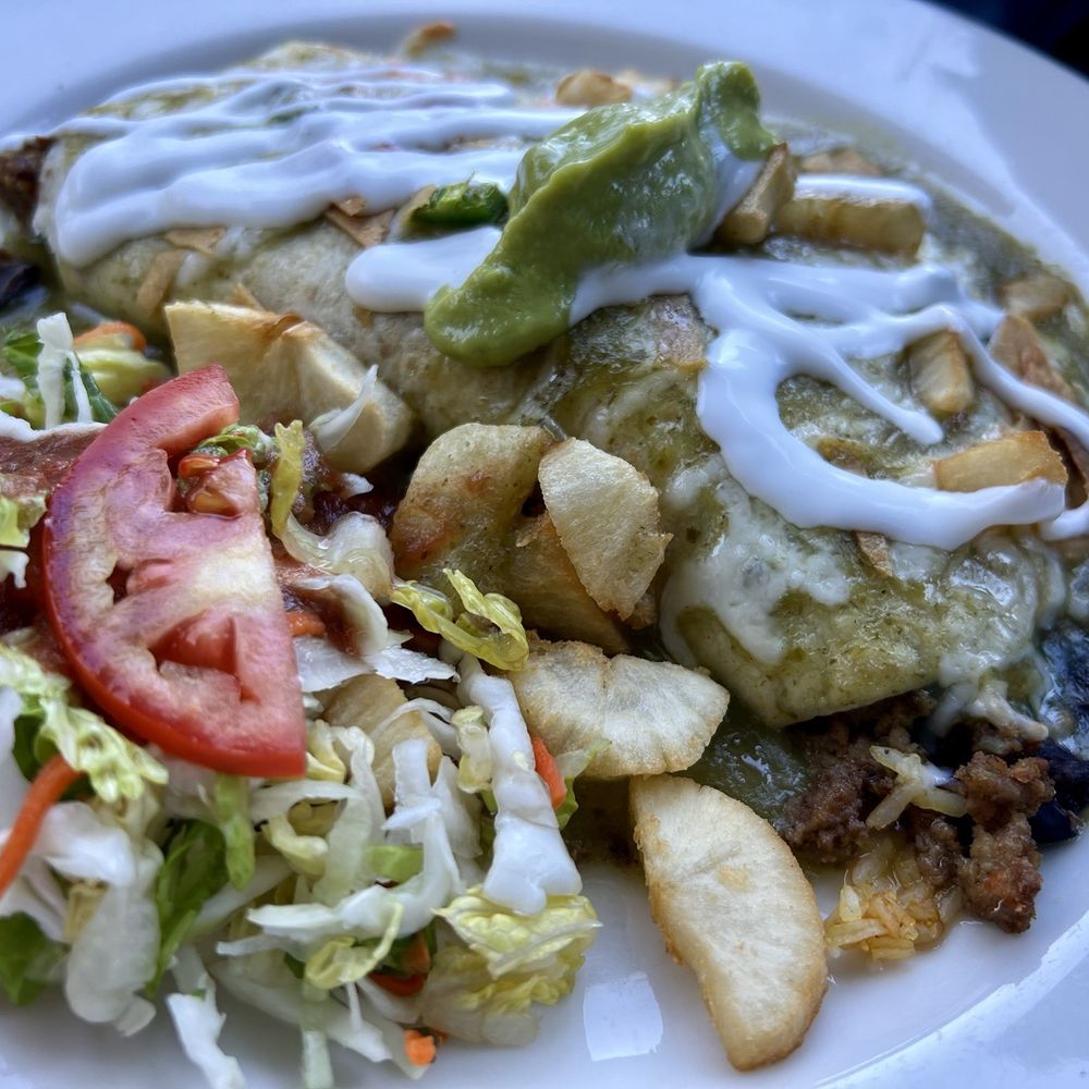 Casa Manana Restaurant - Burrito De Pobre with green sauce on top - Mexican Near Me - San Rafael, California