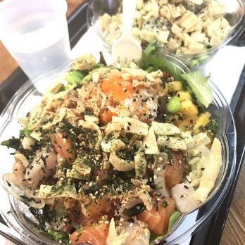 FOB Poke Bar- Seattle - Front: L Sal/YT, half FOB rice/S mix, seaweed, mango, edamame, masago, crab salad, wontons, furikake, sesame. - Poke Near Me - Seattle, Washington FOB Poke Bar- Seattle - Front: L Sal/YT, half FOB rice/S mix, seaweed, mango, edamame, masago, crab salad, wontons, furikake, sesame. - Poke Near Me - Seattle, Washington