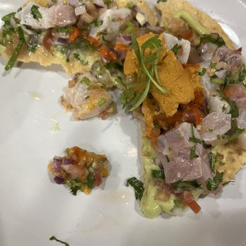 Holbox - Tostado raw fish and uni. Bland and overpriced. - Latin American Near Me - Los Angeles, California