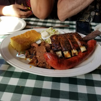 Barnstormer Barbeque - Combination Plate with Ribs,Brisket and Kielbalsa.   Looks like coleslaw and cornbread sides... yummy. - Barbeque Near Me - Fort Montgomery, New York