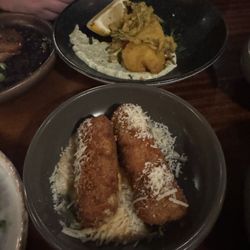 Jacques Restaurant - 1) back dish: Crispy Hake, Tartare Sauce, Samphire w/ lemon wedge 2) front dish: Chicken Croquettes