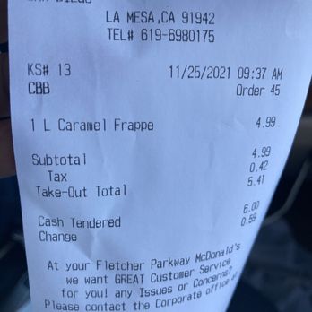 McDonald's - a receipt for a restaurant - Burgers Near Me - La Mesa, California McDonald's - a receipt for a restaurant - Burgers Near Me - La Mesa, California