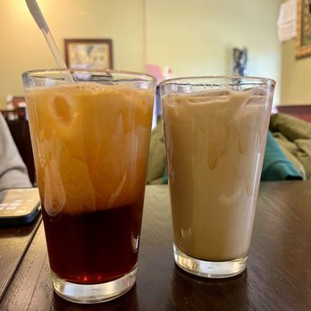 Thai Basil Restaurant - Thai Iced Tea (left) and Thai Iced Coffee (right) - Thai Near Me - Piscataway, New Jersey Thai Basil Restaurant - Thai Iced Tea (left) and Thai Iced Coffee (right) - Thai Near Me - Piscataway, New Jersey