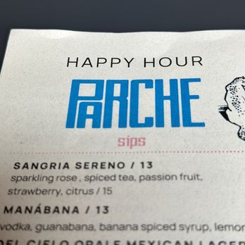 Parche - Partial drink menu - I ordered the Sangria Sereno - Colombian Near Me - Oakland, California Parche - Partial drink menu - I ordered the Sangria Sereno - Colombian Near Me - Oakland, California