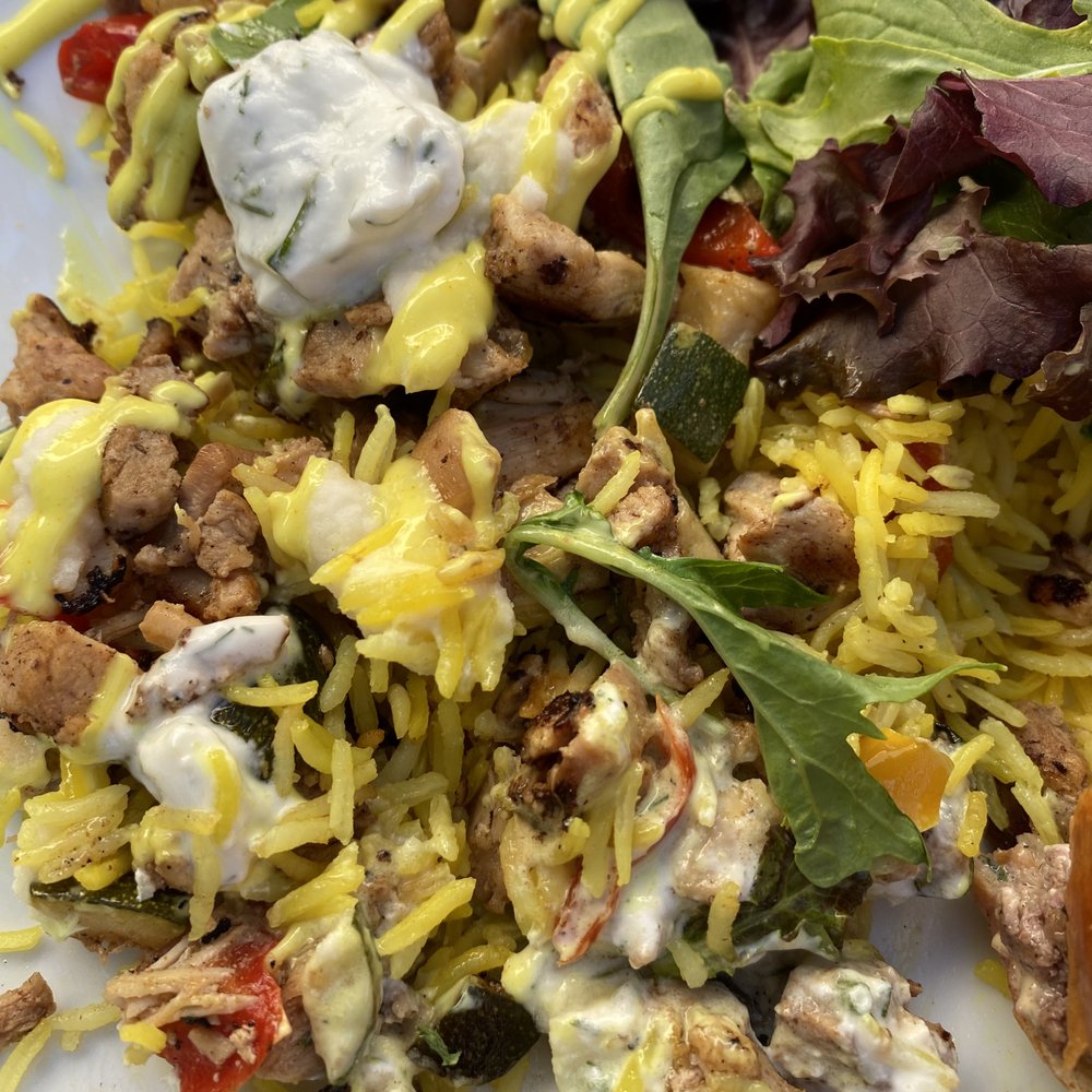 Petra Cafe - Shawarma rice bowl. Excellent dea at Happy Hour. Well seasoned. - Mediterranean Near Me - Santa Barbara, California