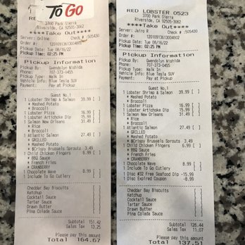 Red Lobster - Receipt showing $164.67 and final receipt $97.51 - Seafood Near Me - Riverside, California Red Lobster - Receipt showing $164.67 and final receipt $97.51 - Seafood Near Me - Riverside, California