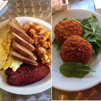 Vonda's Kitchen - Right: crab cakes Left: beef sausage, eggs, homefries, toast. - Soul Food Near Me - Newark, New Jersey Vonda's Kitchen - Right: crab cakes Left: beef sausage, eggs, homefries, toast. - Soul Food Near Me - Newark, New Jersey