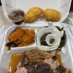 Rib Plate, Yams, Greens & Hot water cornbread