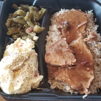 Dwyer's Cafe - Roasted pork with brown gravy over rice, potato salad and green beans. Very good and less than 10 bucks. - Cafes Near Me - Lafayette, Louisiana