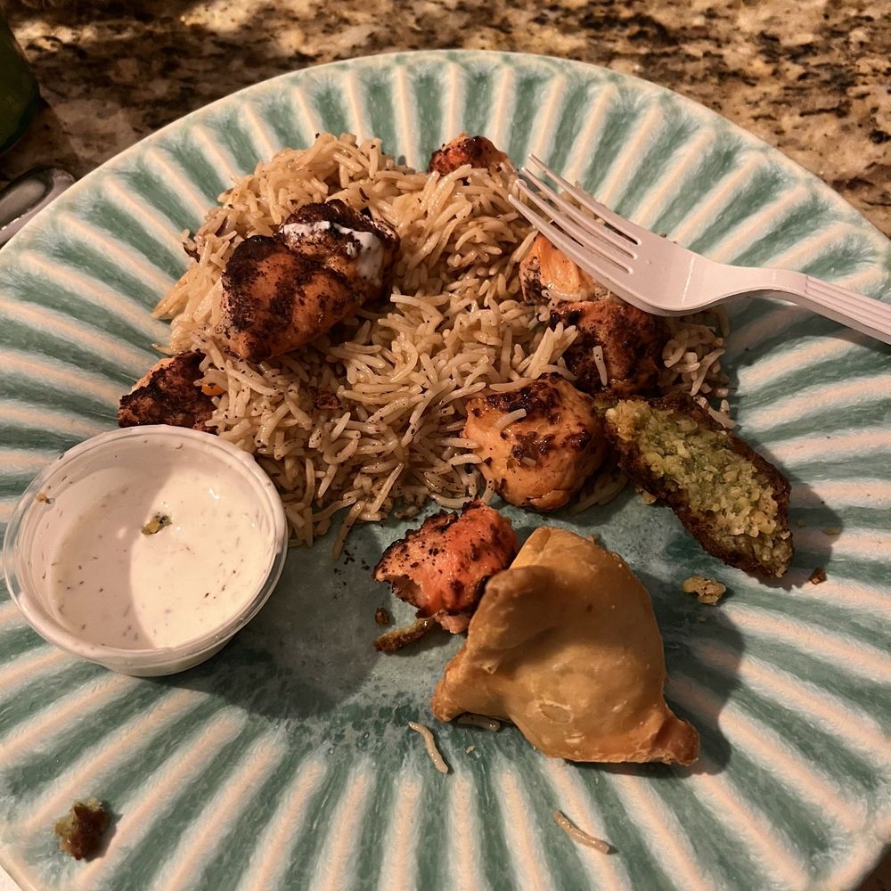 Baba Grill - 21. Two Pieces Chicken Tikka with Rice, falafel, samosa and white sauce - Afghan Near Me - Cinnaminson, New Jersey Baba Grill - 21. Two Pieces Chicken Tikka with Rice, falafel, samosa and white sauce - Afghan Near Me - Cinnaminson, New Jersey