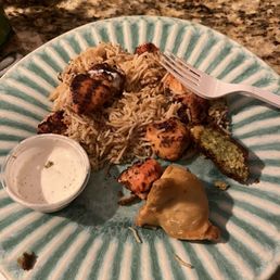 21. Two Pieces Chicken Tikka with Rice, falafel, samosa and white sauce