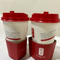 Gong Cha- Hamilton - Hot thai tea latte with boba & milk foam; hot strawberry milk tea with boba & milk foam