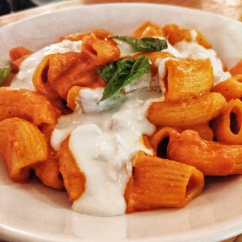 La Pecora Bianca SoHo - Rigatoni with vodka sauce, topped with melted straciatella - Mediterranean Near Me - New York, New York La Pecora Bianca SoHo - Rigatoni with vodka sauce, topped with melted straciatella - Mediterranean Near Me - New York, New York