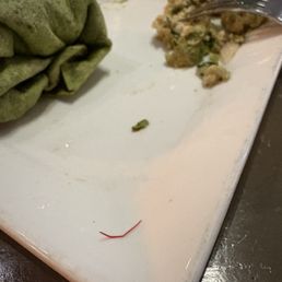 Sharp piece of maybe a twist tie? That got stuck in my teeth from my wrap. Sharp piece of maybe a twist tie? That got stuck in my teeth from my wrap.