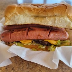 Zip's Drive-In - 2 burger patties with cheese and a hot dog all on a giant bun