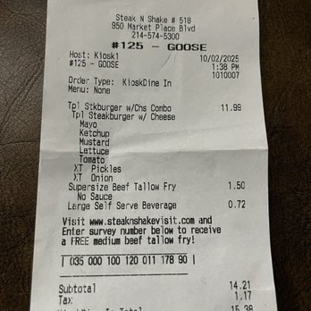 Steak ’n Shake - Receipt - Breakfast & Brunch Near Me - Irving, Texas Steak ’n Shake - Receipt - Breakfast & Brunch Near Me - Irving, Texas