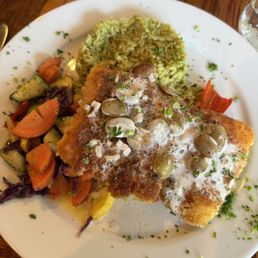 Delightful crusted halibut, perfectly done veg, and wonderful rice dish