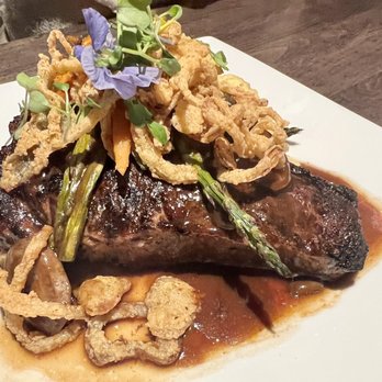 Drifters Kitchen and Bar - 14 OZ. NY STRIP garlic mashed potato, roasted asparagus, wild mushroom red wine sauce frizzled onions  34 - Cocktail Bars Near Me - Ridge, New York