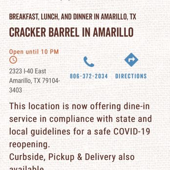 Cracker Barrel Old Country Store - Dine in is open - American Near Me - Amarillo, Texas Cracker Barrel Old Country Store - Dine in is open - American Near Me - Amarillo, Texas