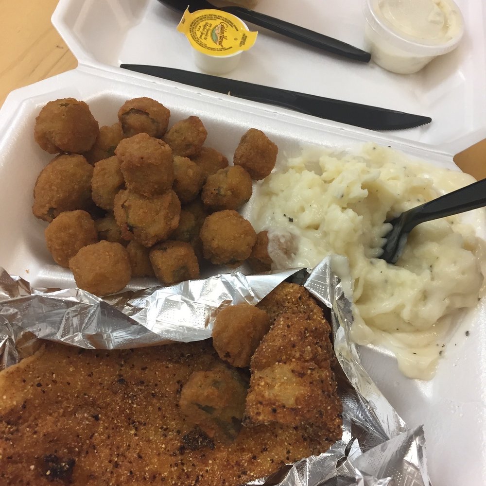 Catfish, mashed potatoes, fried okra, roll Catfish, mashed potatoes, fried okra, roll