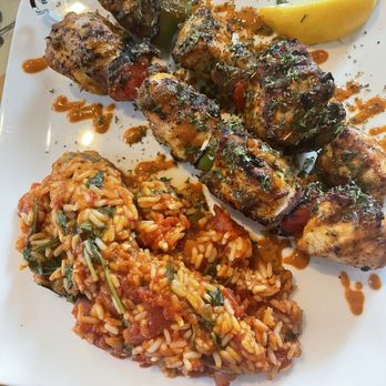 The Athens Tavern - Chicken kabobs with Greek rice ( tomatoes and spinach) - Greek Near Me - Richmond, Virginia The Athens Tavern - Chicken kabobs with Greek rice ( tomatoes and spinach) - Greek Near Me - Richmond, Virginia