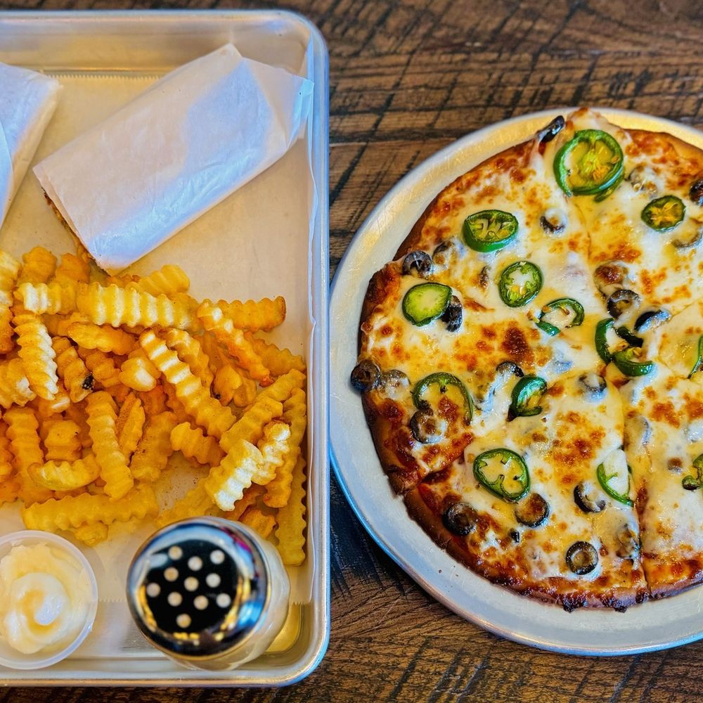 Pizza Vibes - Small Gluten-Free (10") Pizza (with Turkey Bacon, Jalapeños, Garlic, and Black Olives) and Chicken Shawarma with French Fries - Pizza Near Me - The Colony, Texas