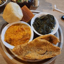 Sling Shot Charlie's - Catfish filets, sweet potato casserole, greens