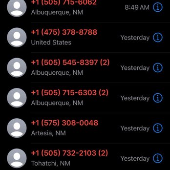 Express Flooring - An excessive amount of calls - The image displays a smartphone screen with a list of missed calls, mostly from Albuquerque, NM, with some from other locations, and includes timestamps and phone numbers. - Flooring Near Me - Rio Rancho, New Mexico