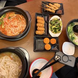Sliced beef, minced beef, tomato soup, pumpkin pancake, cucumber salad, chicken skewer, durian puff