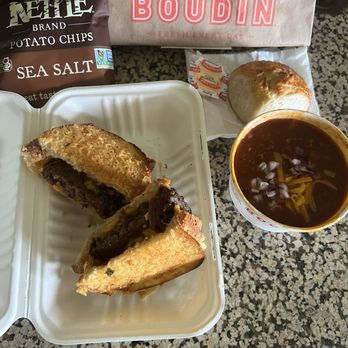 Boudin SF - Hamburger sandwich and chili that is in desperate need of more sides. DoorDash delivered was still warm. - Bakeries Near Me - Irvine, California Boudin SF - Hamburger sandwich and chili that is in desperate need of more sides. DoorDash delivered was still warm. - Bakeries Near Me - Irvine, California