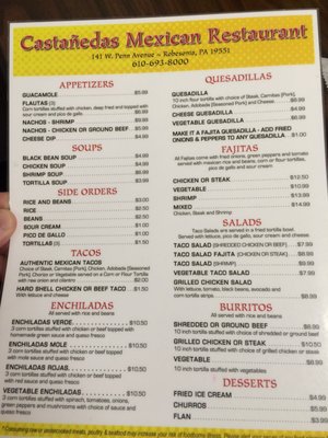 Menu photo 2 Castañeda Mexican Restaurant Robesonia, PA