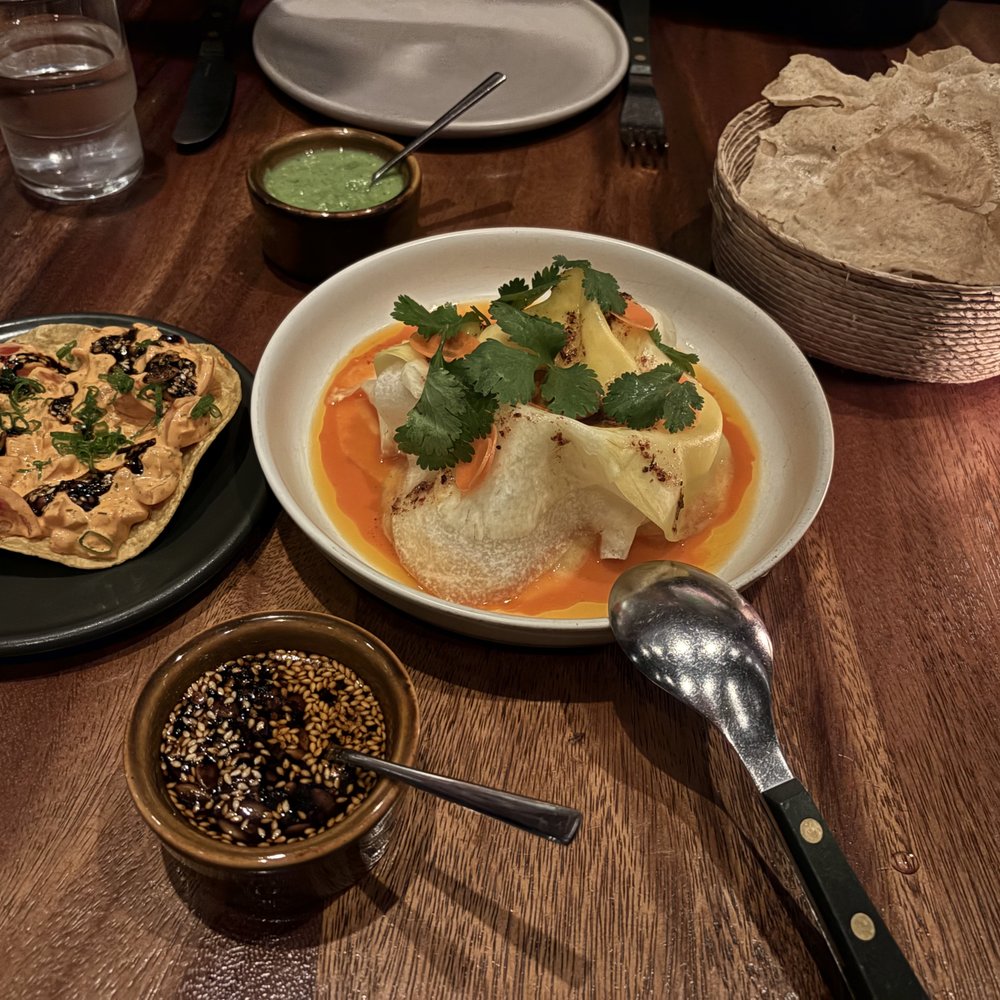 Damian - salmon tostada, carrot aguachile with shrimp, scallop, and shaved jicama and mango - Mexican Near Me - Los Angeles, California
