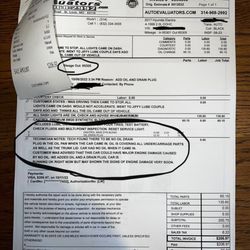 Jiffy Lube - Receipt and diagnosis from auto shop