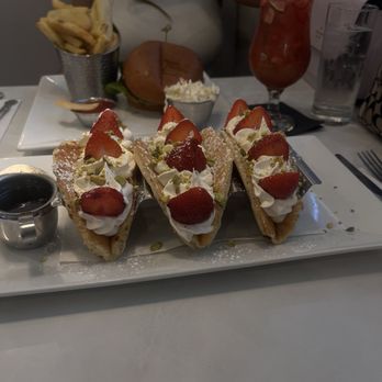 Franklin & Phoebe Brunchery - i got pancakes with strawberries and it's was super yummy and very sweet. my friend got a sandwich and ate the whole thing! - Breakfast & Brunch Near Me - Franklin Square, New York