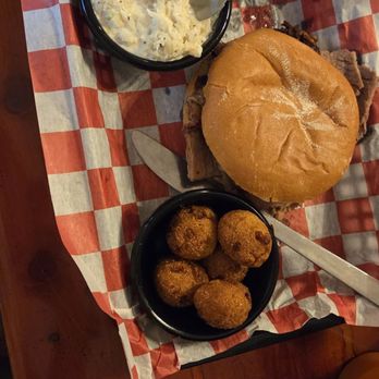Shiver's BBQ - Brisket sandwich w busy puppy's and cole slaw - Barbeque Near Me - Homestead, Florida Shiver's BBQ - Brisket sandwich w busy puppy's and cole slaw - Barbeque Near Me - Homestead, Florida